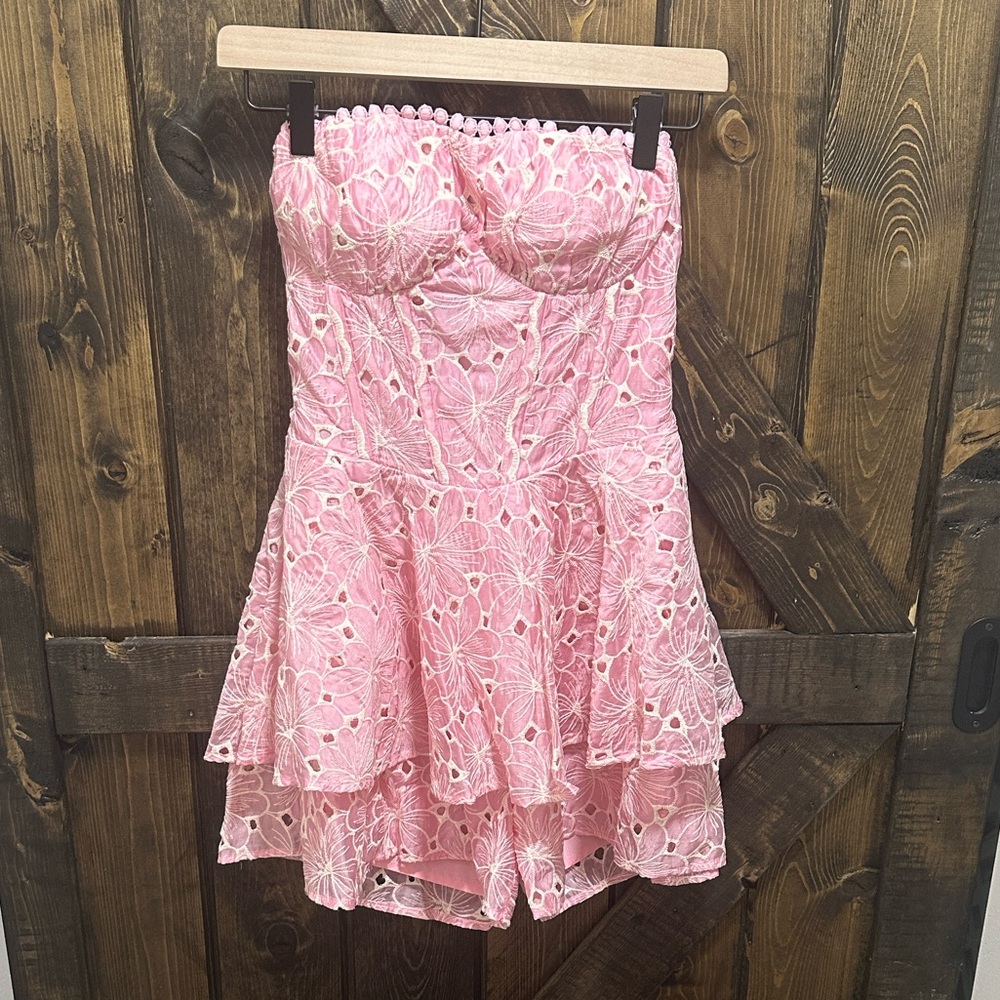 Pink Lily - Pink Lace Strapless Romper
